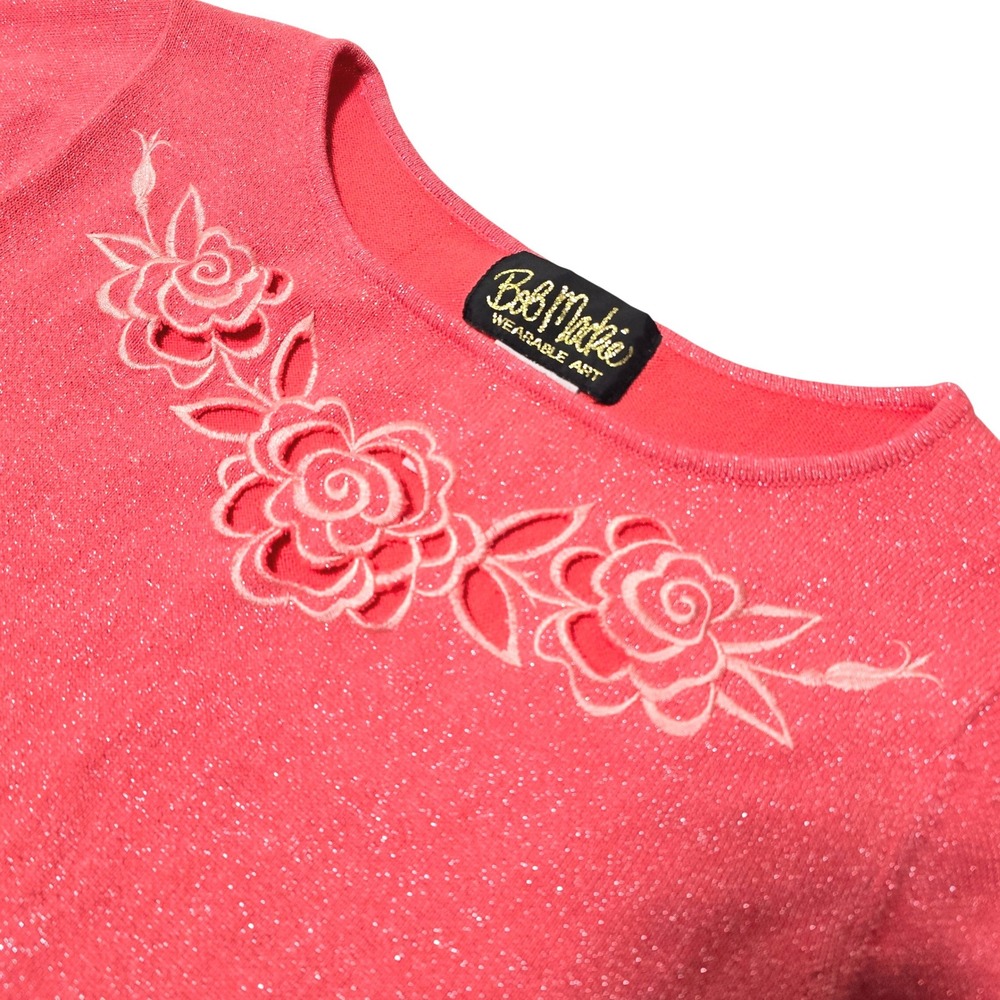 Bob Mackie Wearable Art Coral Pink‎ Metallic Floral Cut Out Knit Top A53599